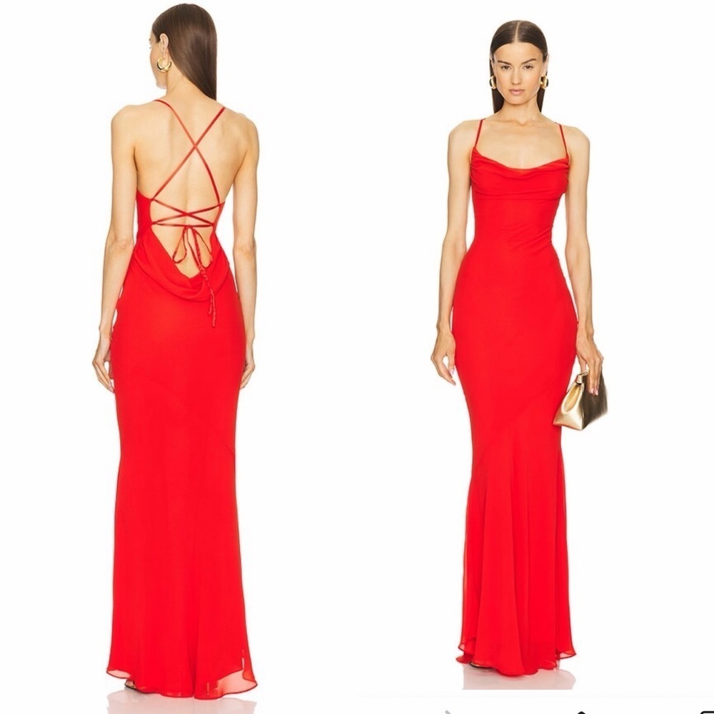 Michael Costello REVOLVE Chloe Gown Fiery Red lace back maxi dress NWT M